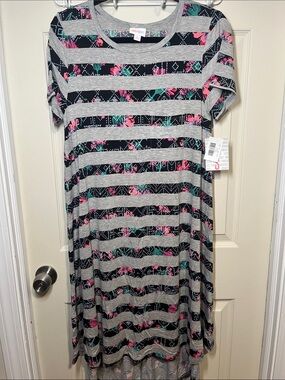 LuLaRoe Carly Gray, Black, Pink & Teal Striped Floral High-Low Dress